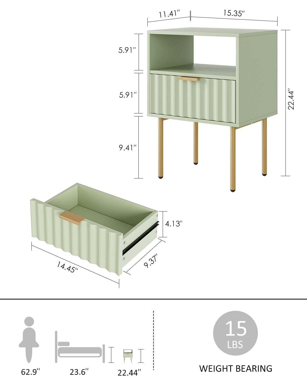 Green Night Stand with Drawer and Shelf I58606