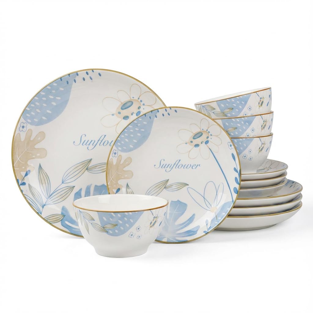 12-Piece Blue Floral Ceramic Dinnerware Set F5391