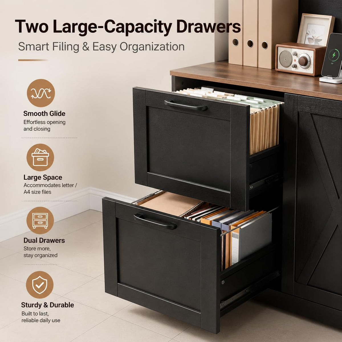 72'' Tall Black Bookshelf with Power Outlet, 2 Drawer File Cabinet, 3-Tier Shelves K43008