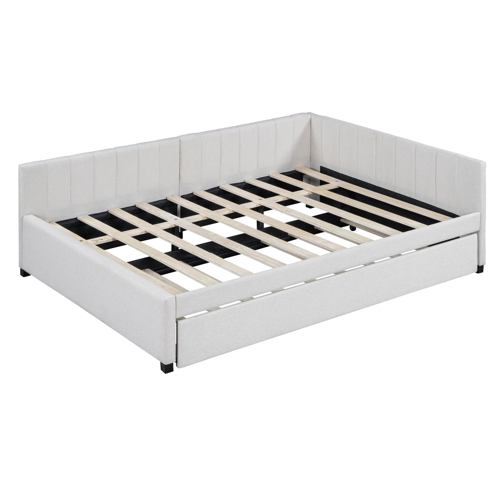 Beige Linen Upholstered Full Daybed with Twin Trundle Z2024
