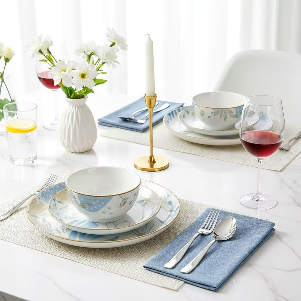 12-Piece Blue Floral Ceramic Dinnerware Set F5391