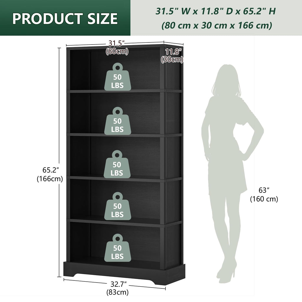 5 Tiers Wooden Bookshelf, 65.2" Tall 31.5" Wide Black Z226049