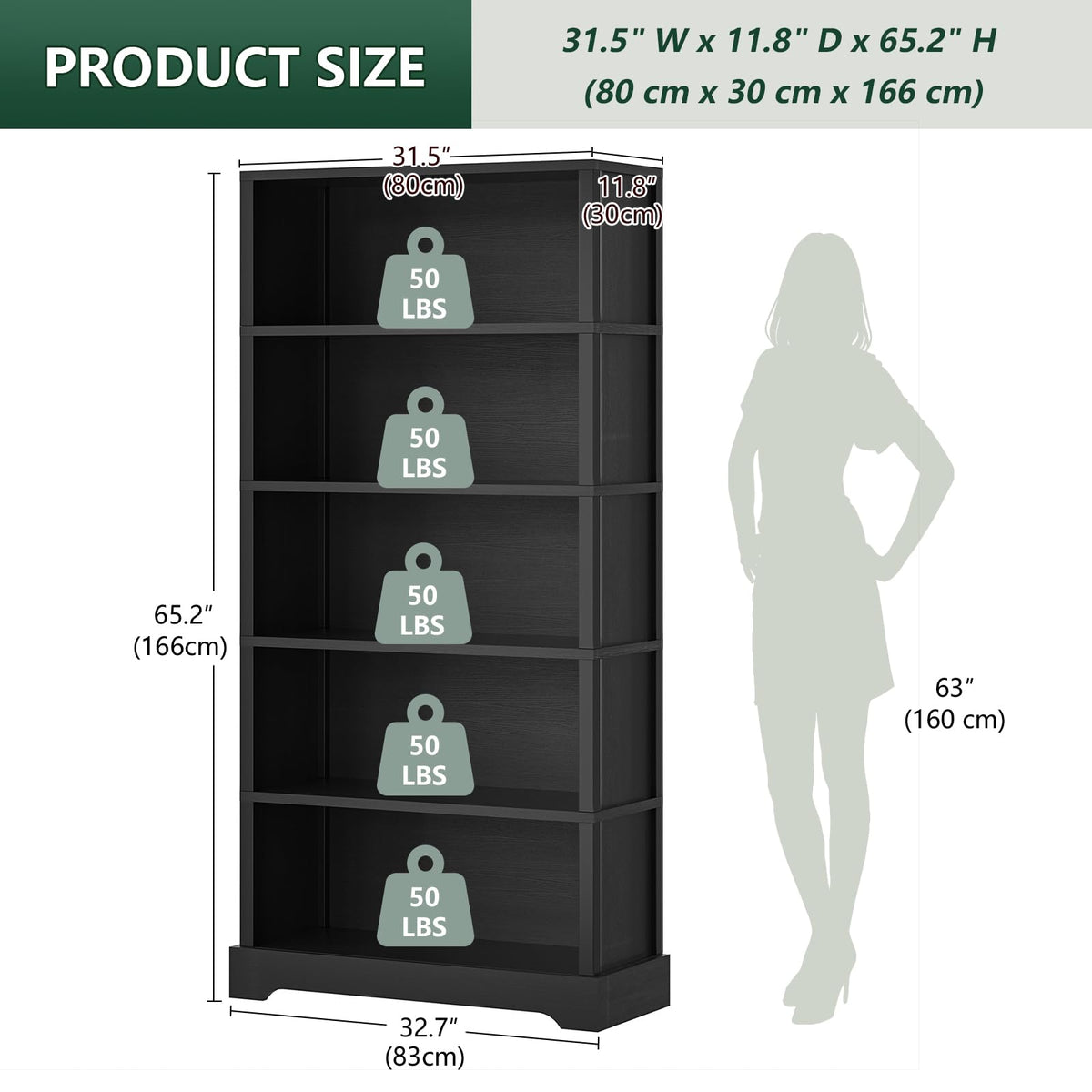 5 Tiers Wooden Bookshelf, 65.2" Tall 31.5" Wide Black Z226049