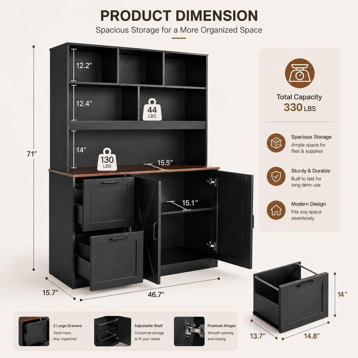 72'' Tall Black Bookshelf with Power Outlet, 2 Drawer File Cabinet, 3-Tier Shelves K43008