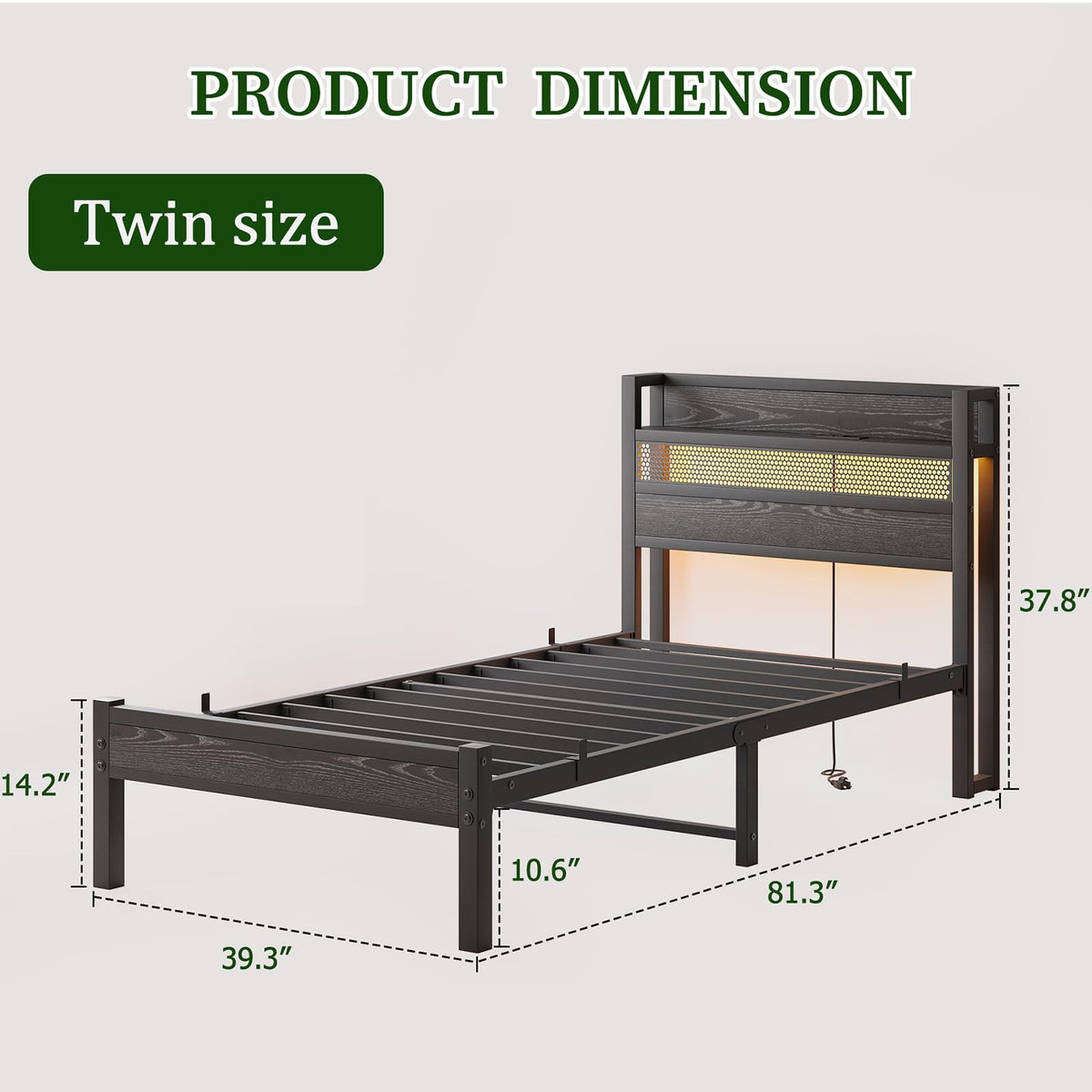 Black Metal Twin Size Bed Frame with Charging Station and LED Lights U58838