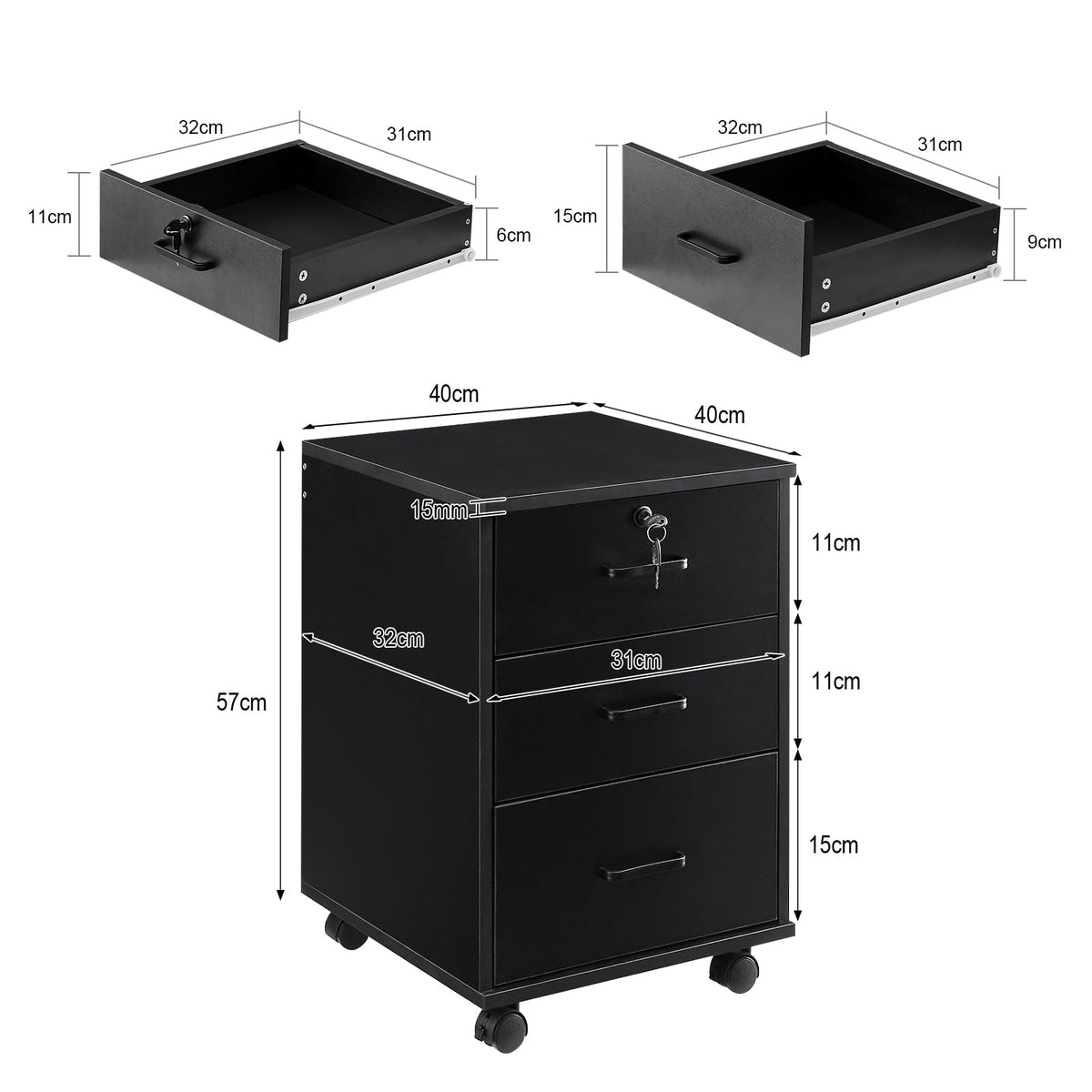 3 Drawer Black File Cabinet with Lock I250550