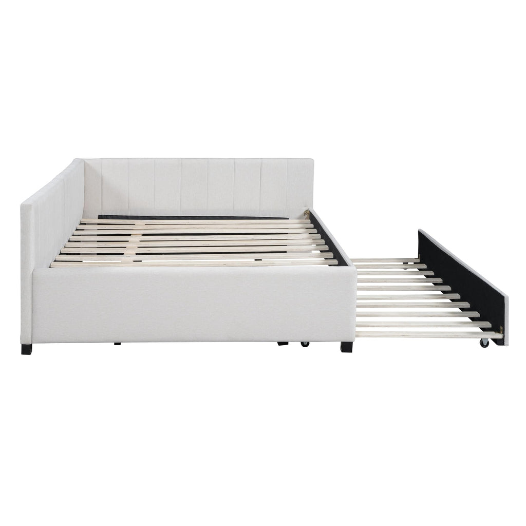 Beige Linen Upholstered Full Daybed with Twin Trundle Z2024