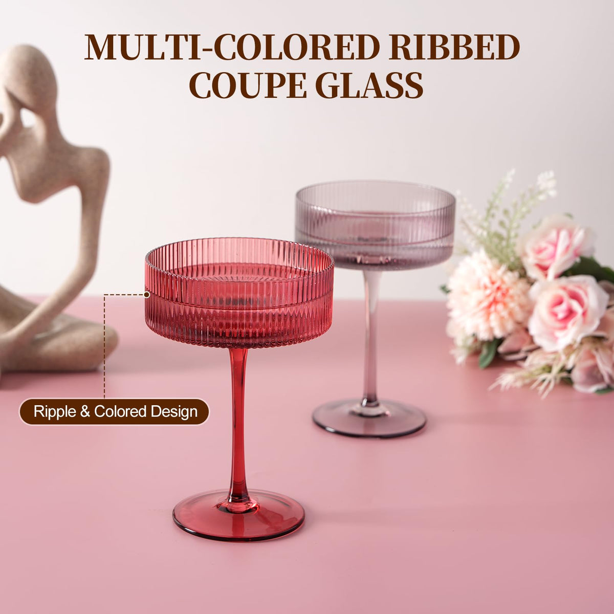 9Oz Ribbed Crystal Hand Blown Coupe Cocktail Glasses F137708