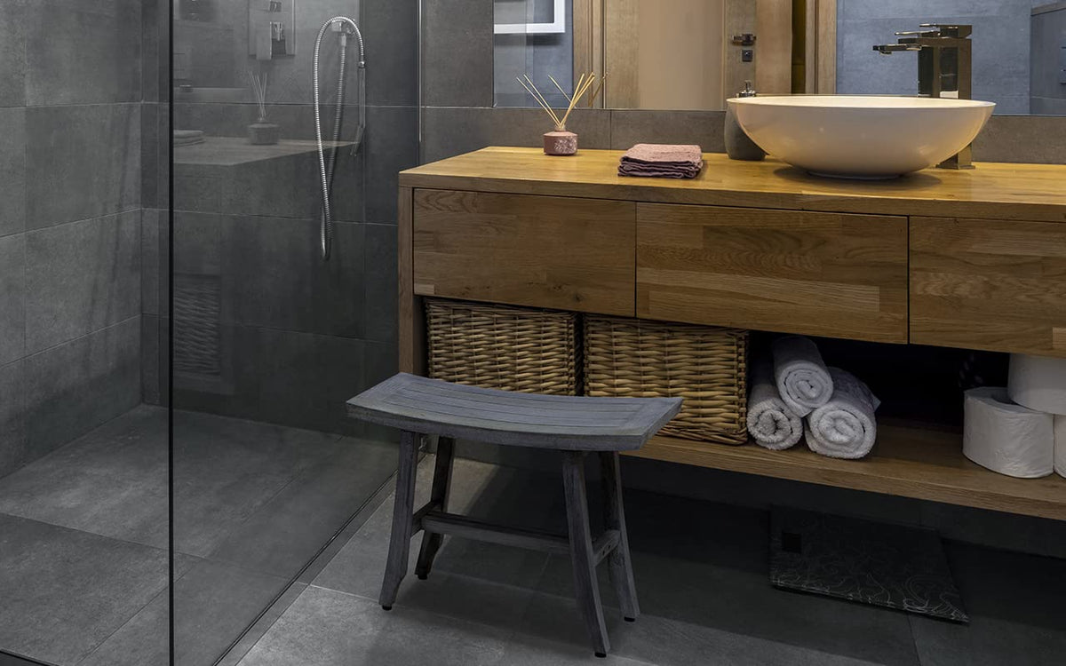 24" Gray Teak Shower Bench with Curved Seat Y3213