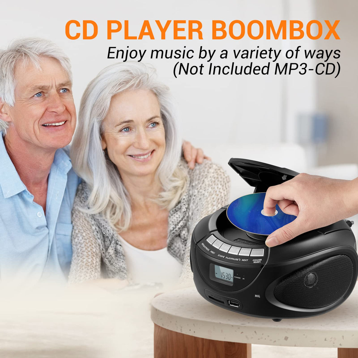 Portable CD Boombox with AM/FM Radio, Bluetooth, USB, SD Card, LCD Display, Black B999326