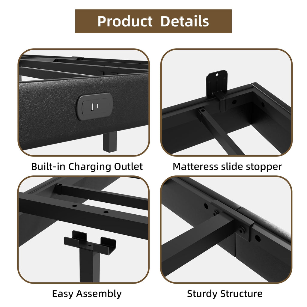 Black Floating Upholstered Platform Bed Frame Full Size with LED Lights and Charging Station L494