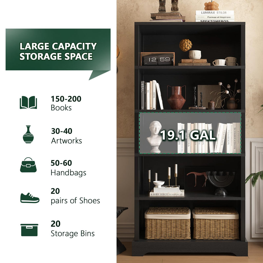 5 Tiers Wooden Bookshelf, 65.2" Tall 31.5" Wide Black Z226049