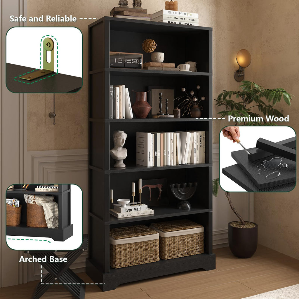 5 Tiers Wooden Bookshelf, 65.2" Tall 31.5" Wide Black Z226049