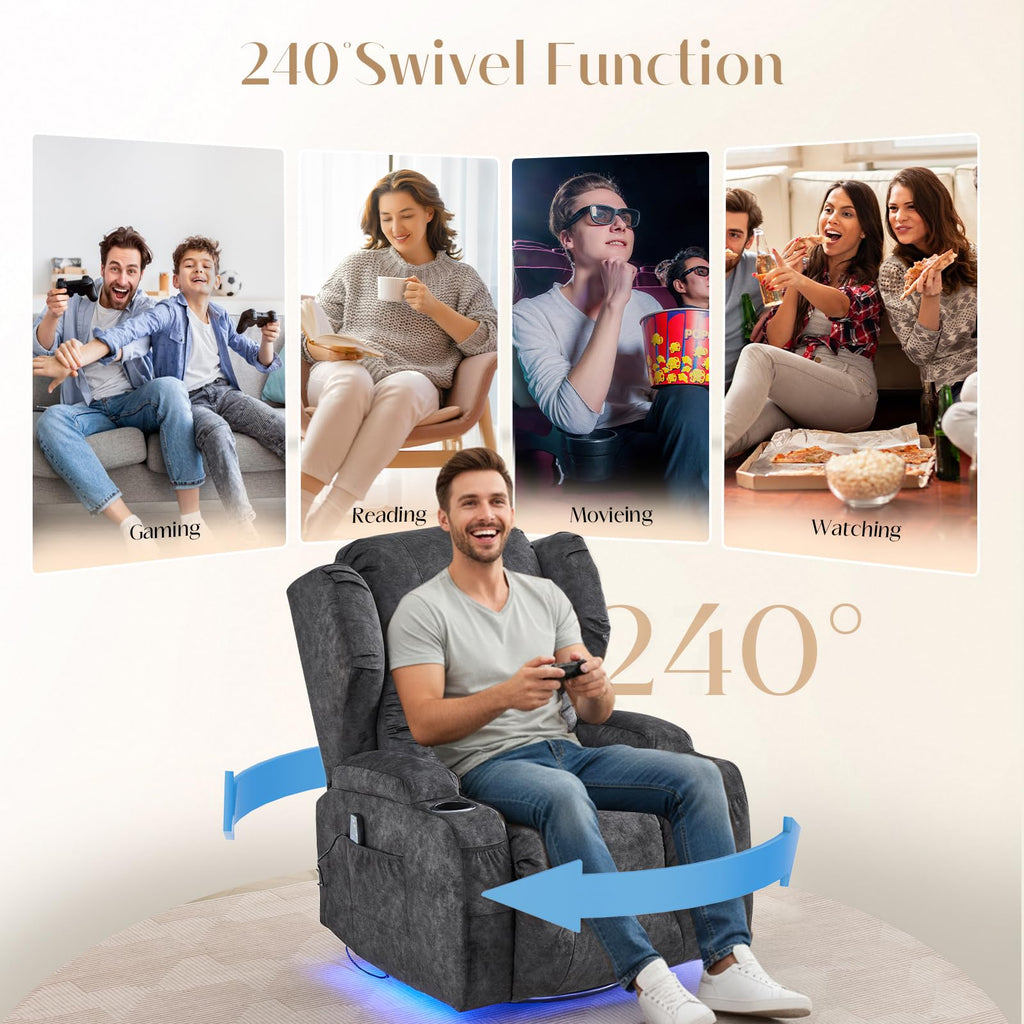 Grey Massage Heat Swivel Rocker Recliner Chair R9210
