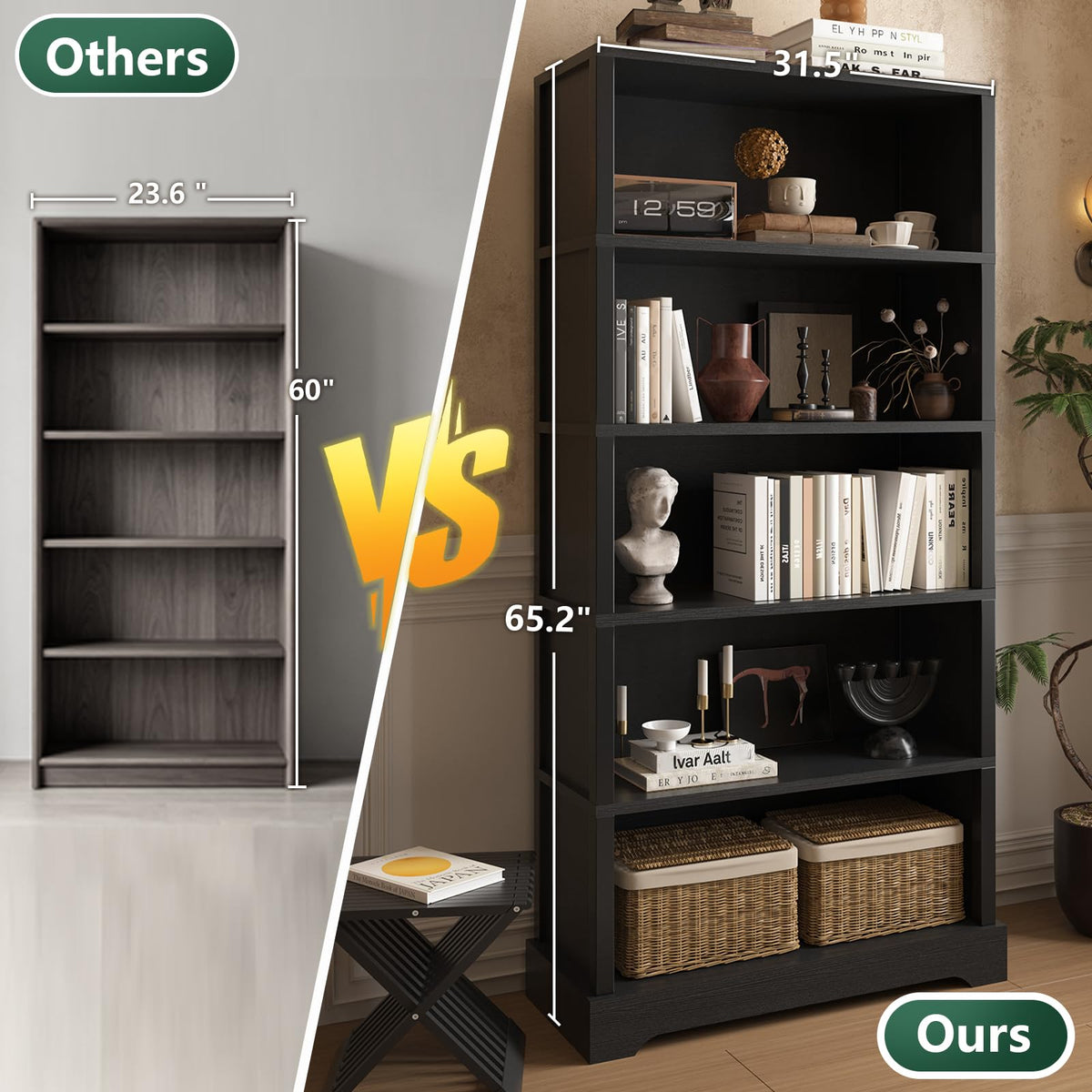 5 Tiers Wooden Bookshelf, 65.2" Tall 31.5" Wide Black Z226049