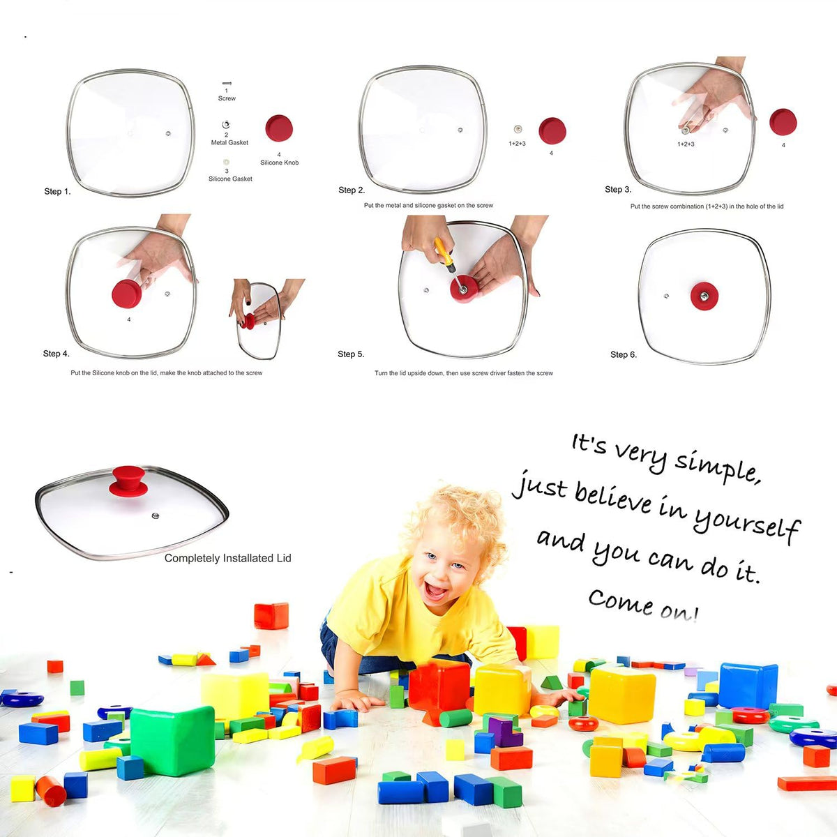 10.5 Inch Vented Square Glass Lid with Silicone Knob J407
