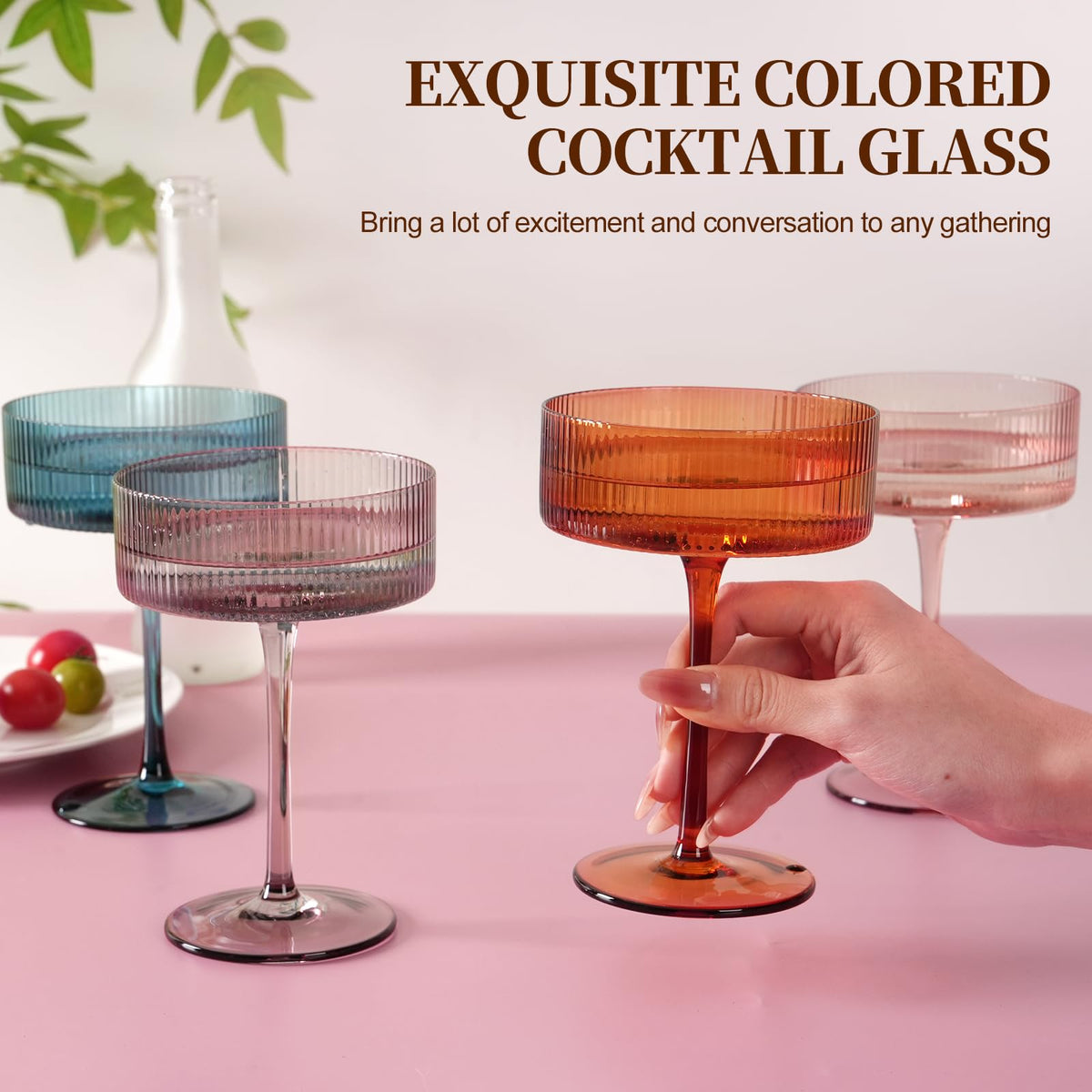 9Oz Ribbed Crystal Hand Blown Coupe Cocktail Glasses F137708