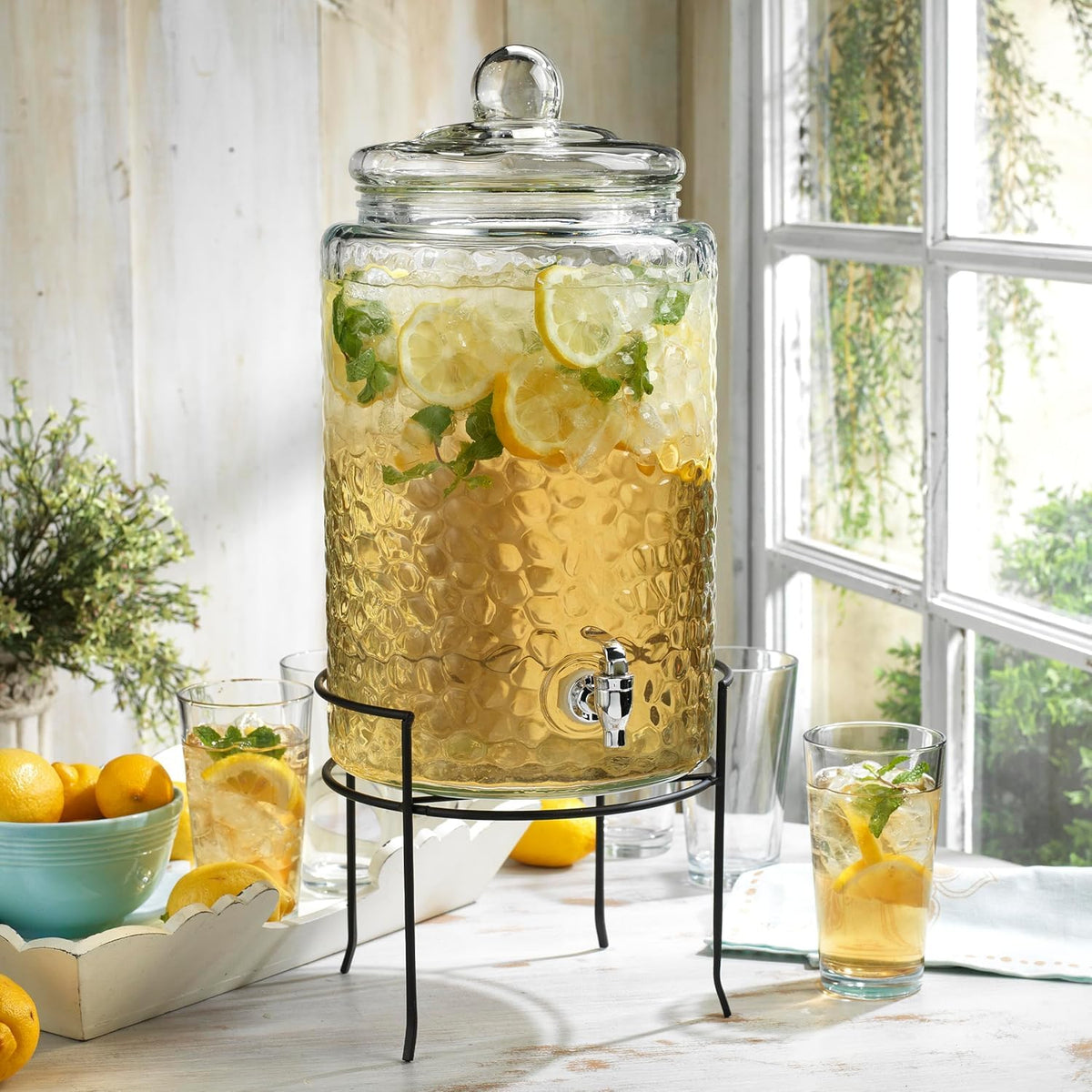 3 Gallon Glass Beverage Dispenser with Metal Stand & Lid V3926