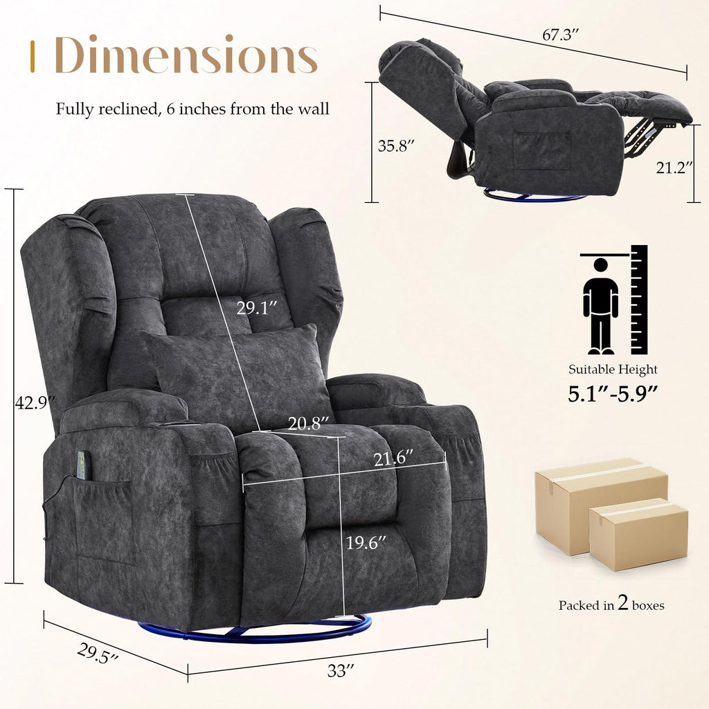 Grey Massage Heat Swivel Rocker Recliner Chair R9210