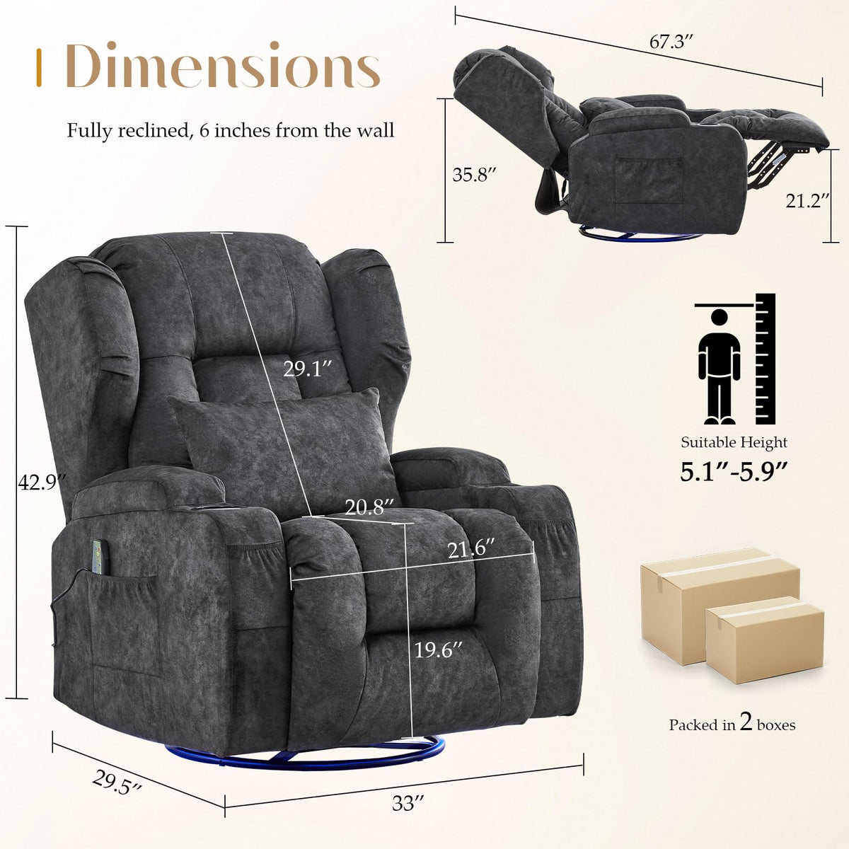 Grey Massage Heat Swivel Rocker Recliner Chair R9210