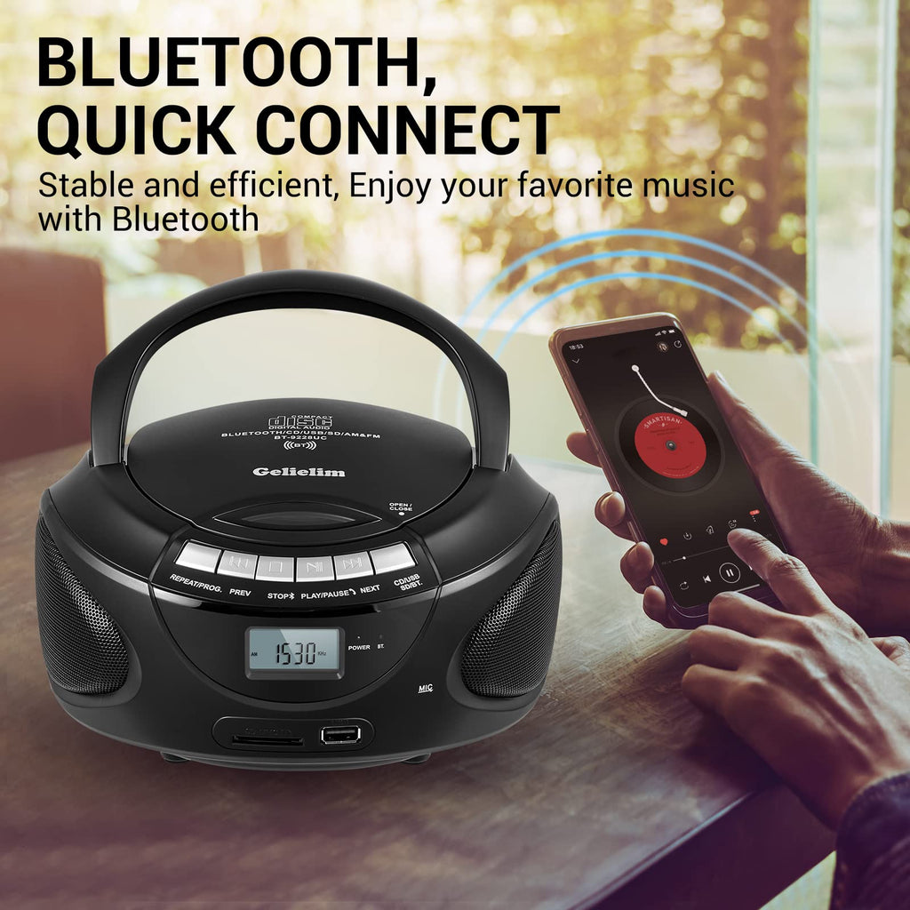Portable CD Boombox with AM/FM Radio, Bluetooth, USB, SD Card, LCD Display, Black B999326