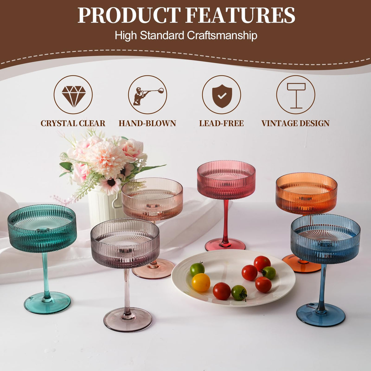 9Oz Ribbed Crystal Hand Blown Coupe Cocktail Glasses F137708