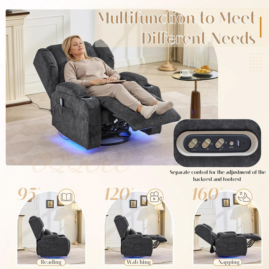 Grey Massage Heat Swivel Rocker Recliner Chair R9210