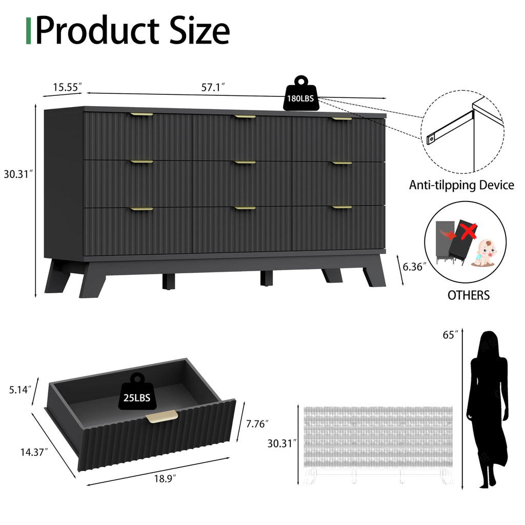 Black 9 Drawer Fluted Wood Dresser N811848