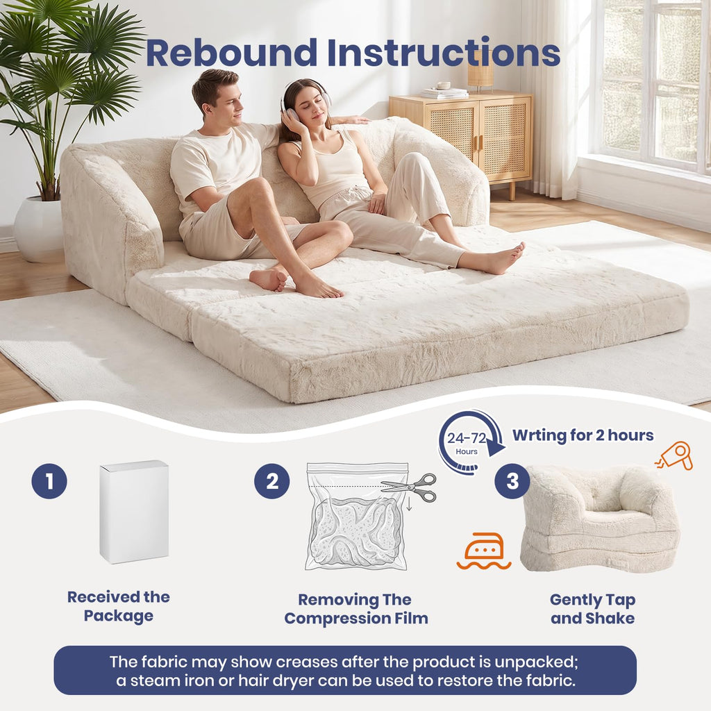 Convertible Folding Sofa Bed, 2 in 1 Portable Floor Couch & Foam Mattress with Handle, Space-Saving Faux Fur Futon Chair for Living Room, Bedroom, Guest Room (Loveseat, Beige) P217