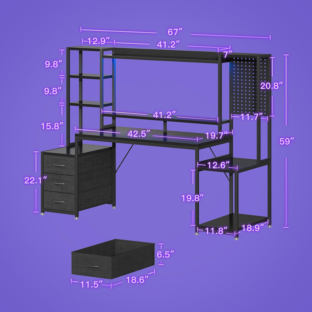 67 Inch Gaming Desk with Storage Shelves, 3 Drawers, LED Lights, Hutch Z781