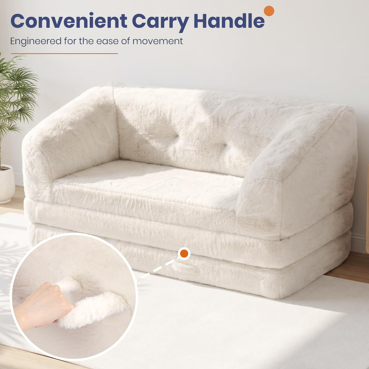 Convertible Folding Sofa Bed, 2 in 1 Portable Floor Couch & Foam Mattress with Handle, Space-Saving Faux Fur Futon Chair for Living Room, Bedroom, Guest Room (Loveseat, Beige) P217
