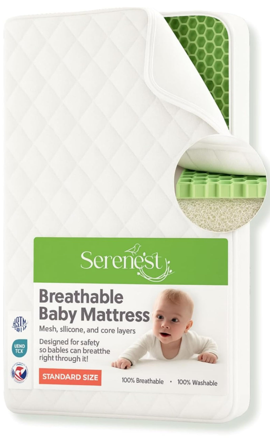 Breathable Baby Crib Mattress & Toddler Bed, Washable, Waterproof, Non-Toxic, Standard Size P44638