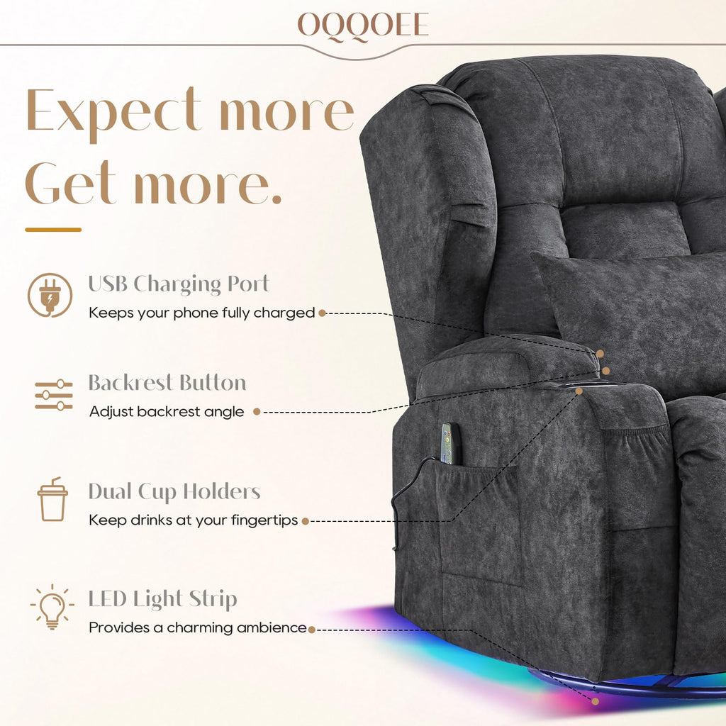 Grey Massage Heat Swivel Rocker Recliner Chair R9210
