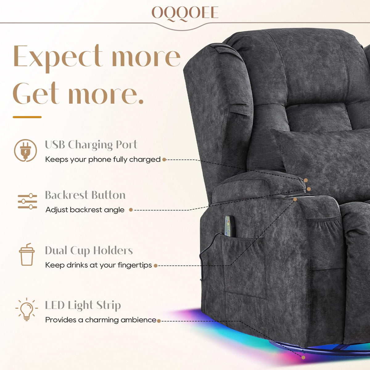 Grey Massage Heat Swivel Rocker Recliner Chair R9210