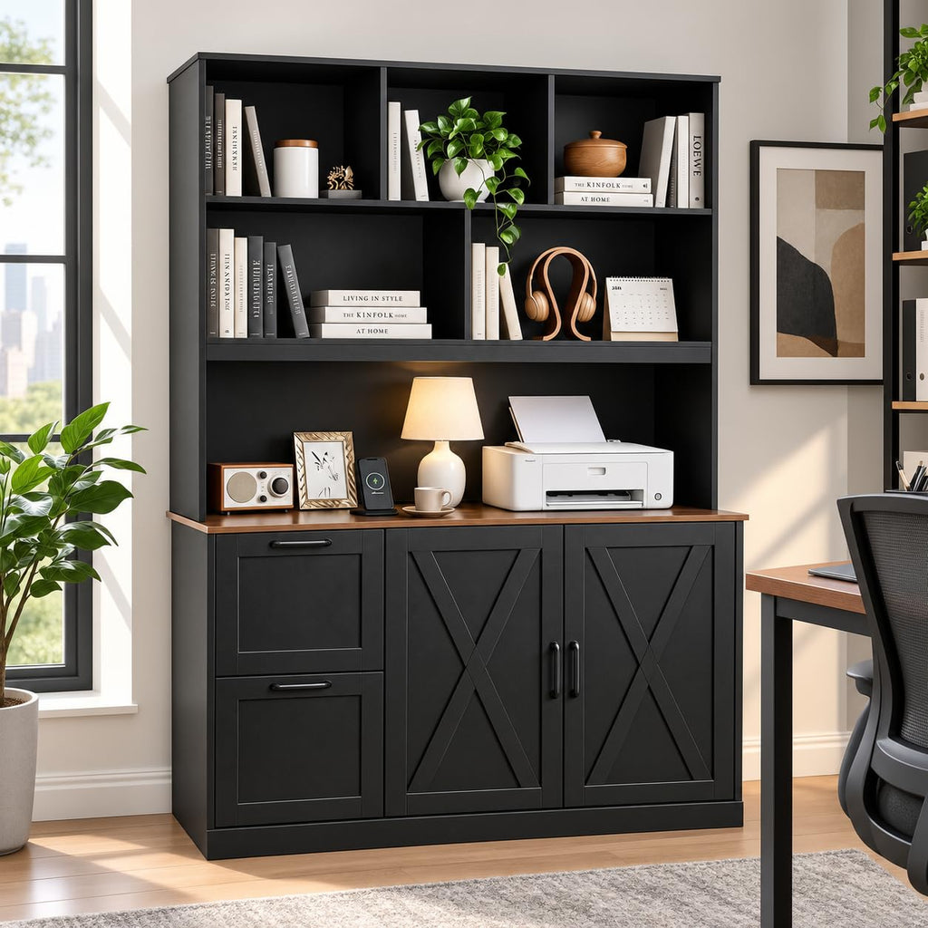 72'' Tall Black Bookshelf with Power Outlet, 2 Drawer File Cabinet, 3-Tier Shelves K43008