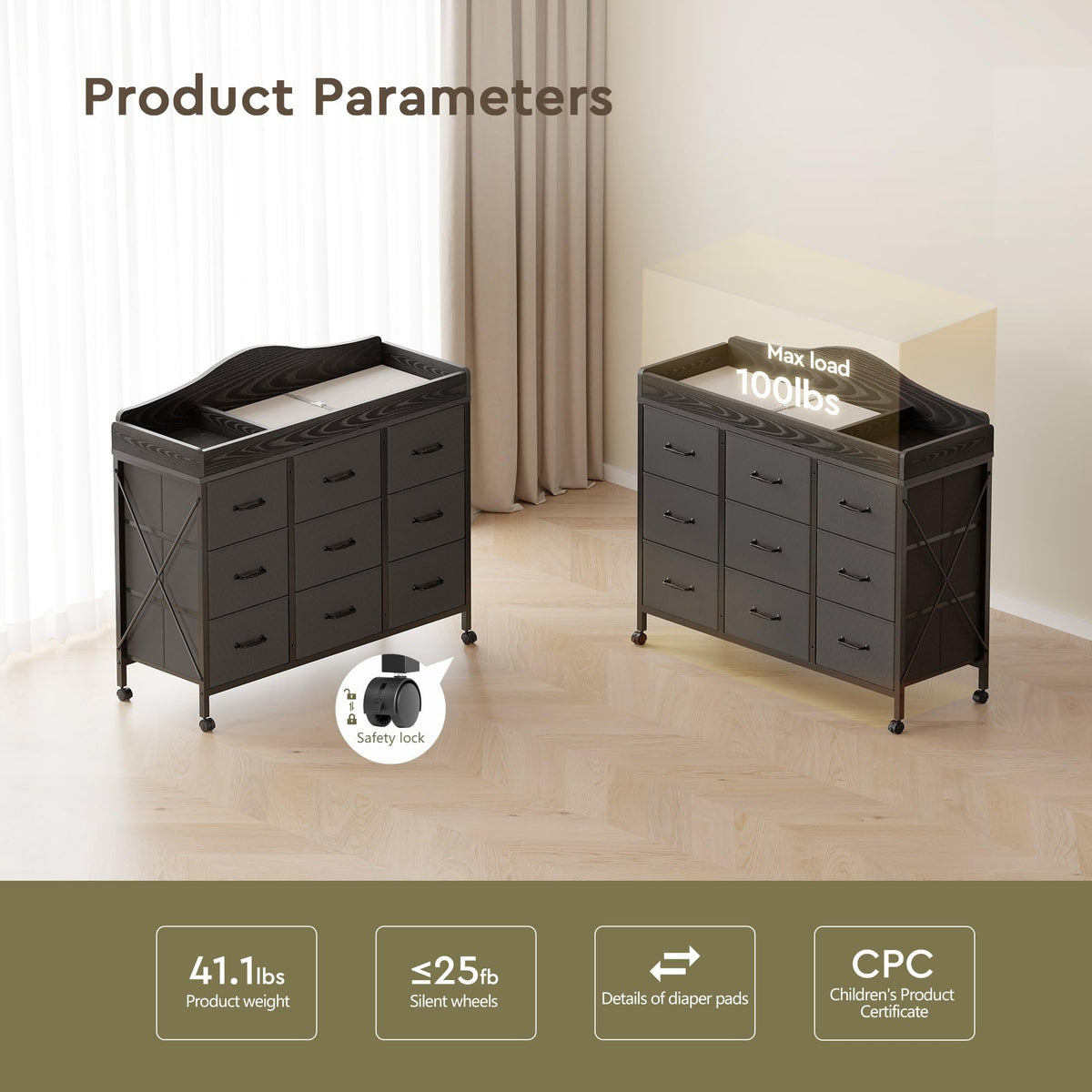 Black Changing Table with 9 Fabric Boxes I98993