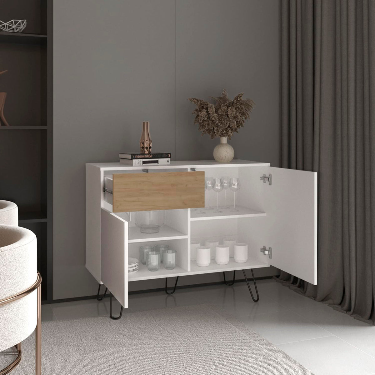 White Console Table with Two Cabinets, One Drawer and Four Shelves G739760