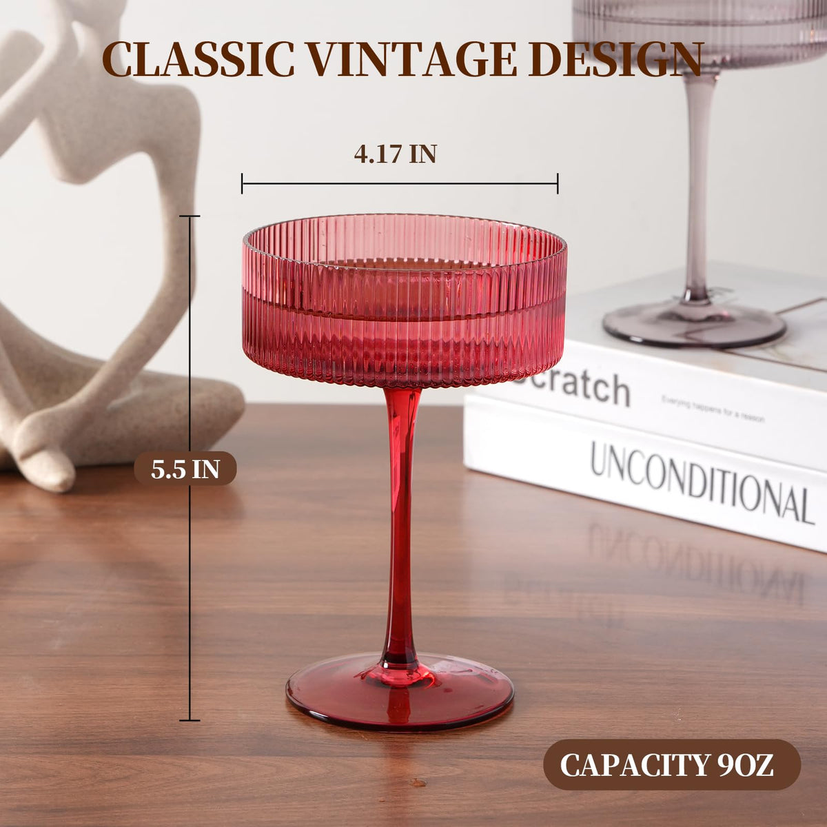 9Oz Ribbed Crystal Hand Blown Coupe Cocktail Glasses F137708