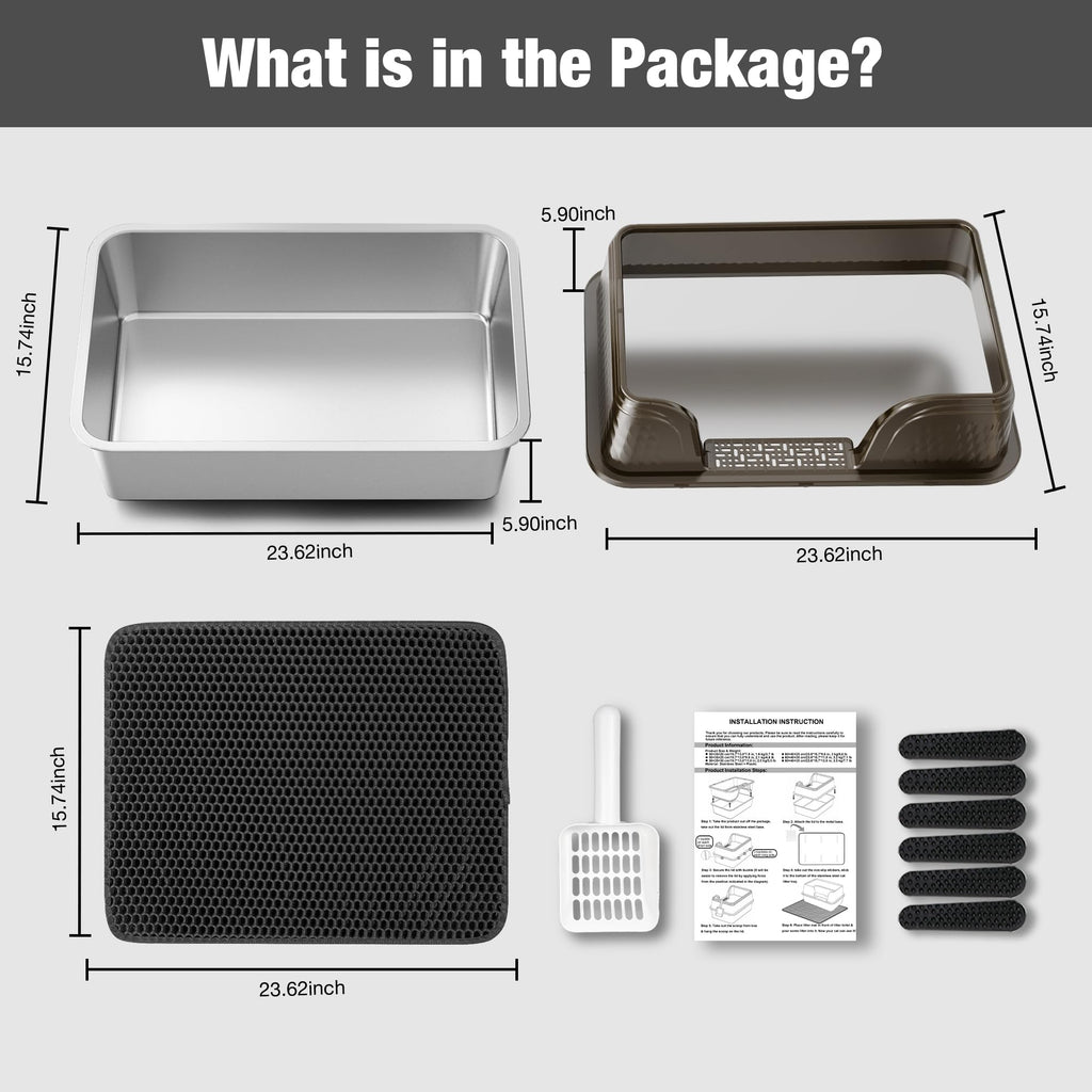 XXL Stainless Steel High Sided Cat Litter Box with Mat & Scoop Y991764