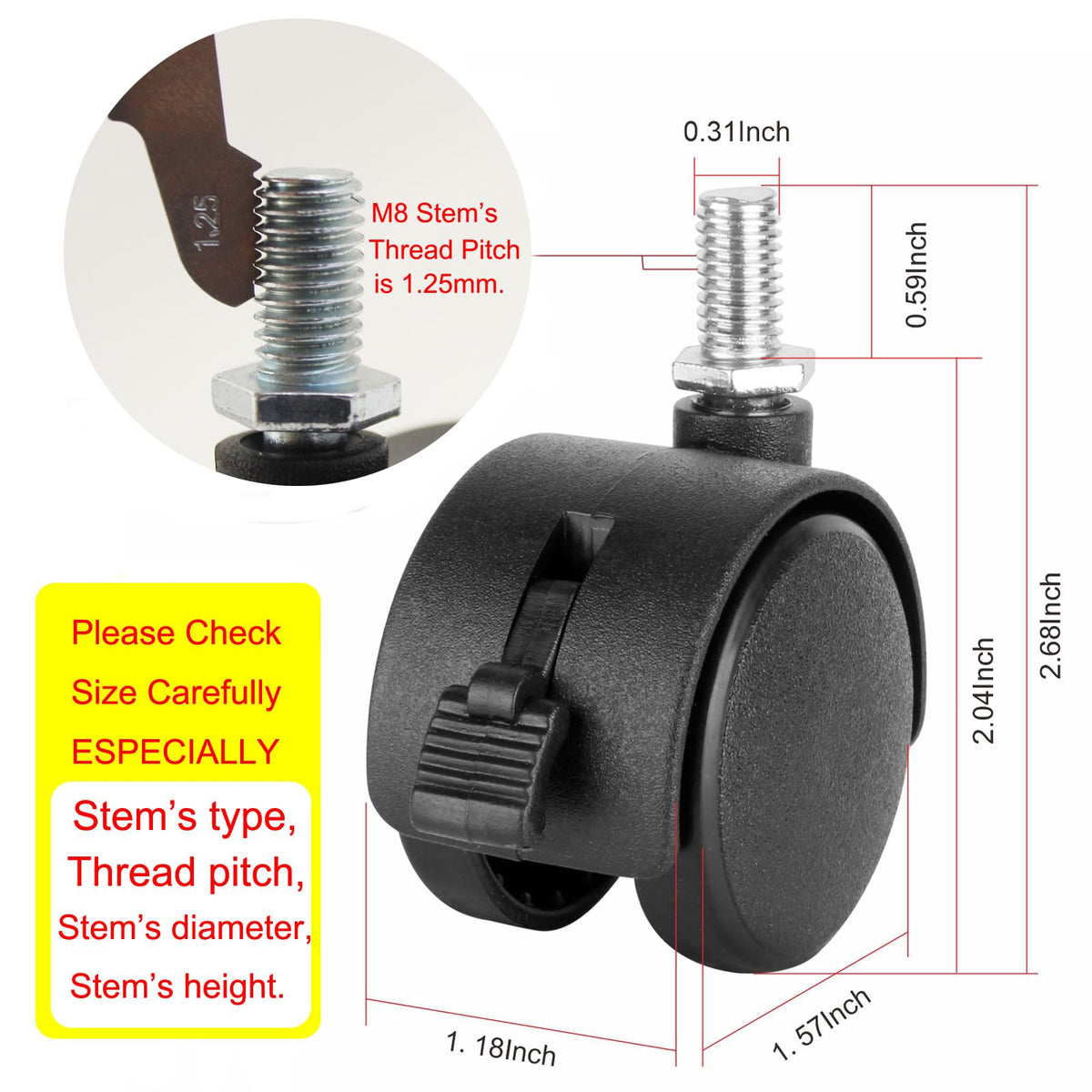 1.5 Inch Swivel Stem Caster Wheels with Locking Brake 4 Pack B809179