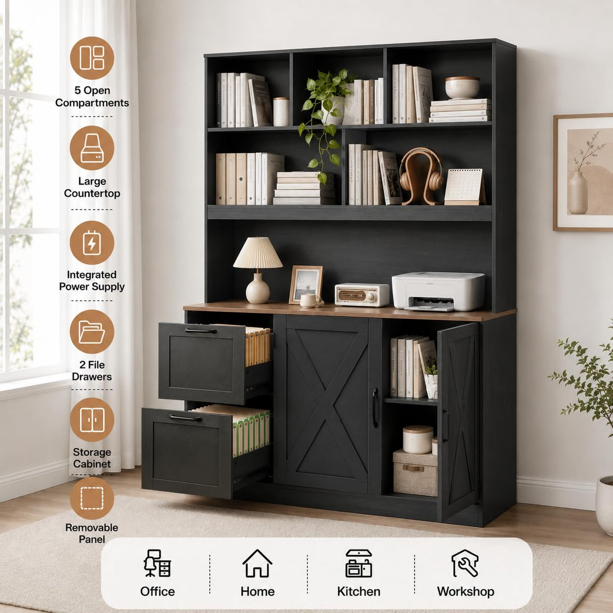 72'' Tall Black Bookshelf with Power Outlet, 2 Drawer File Cabinet, 3-Tier Shelves K43008