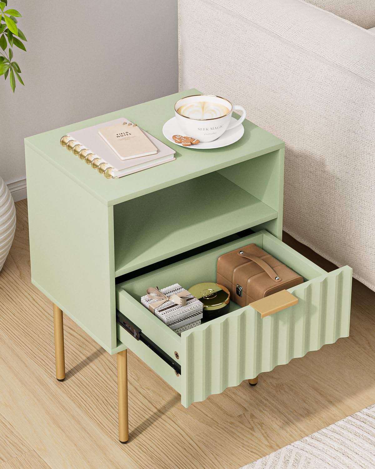 Green Night Stand with Drawer and Shelf I58606