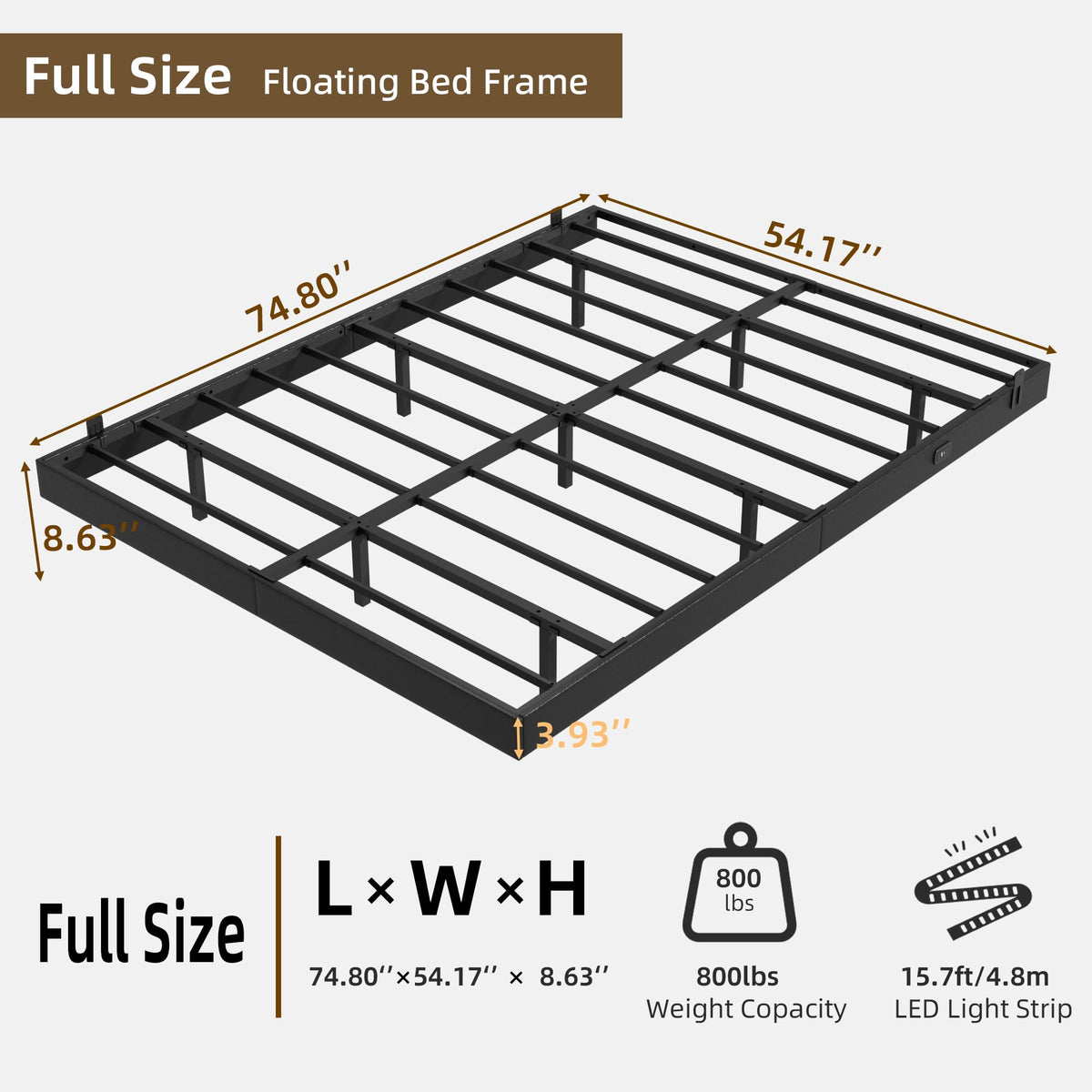 Black Floating Upholstered Platform Bed Frame Full Size with LED Lights and Charging Station L494