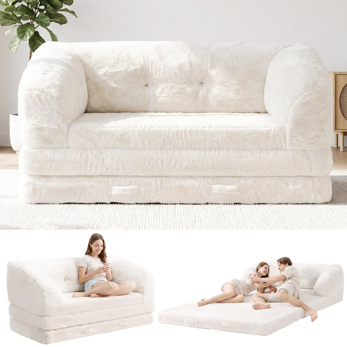 Convertible Folding Sofa Bed, 2 in 1 Portable Floor Couch & Foam Mattress with Handle, Space-Saving Faux Fur Futon Chair for Living Room, Bedroom, Guest Room (Loveseat, Beige) P217