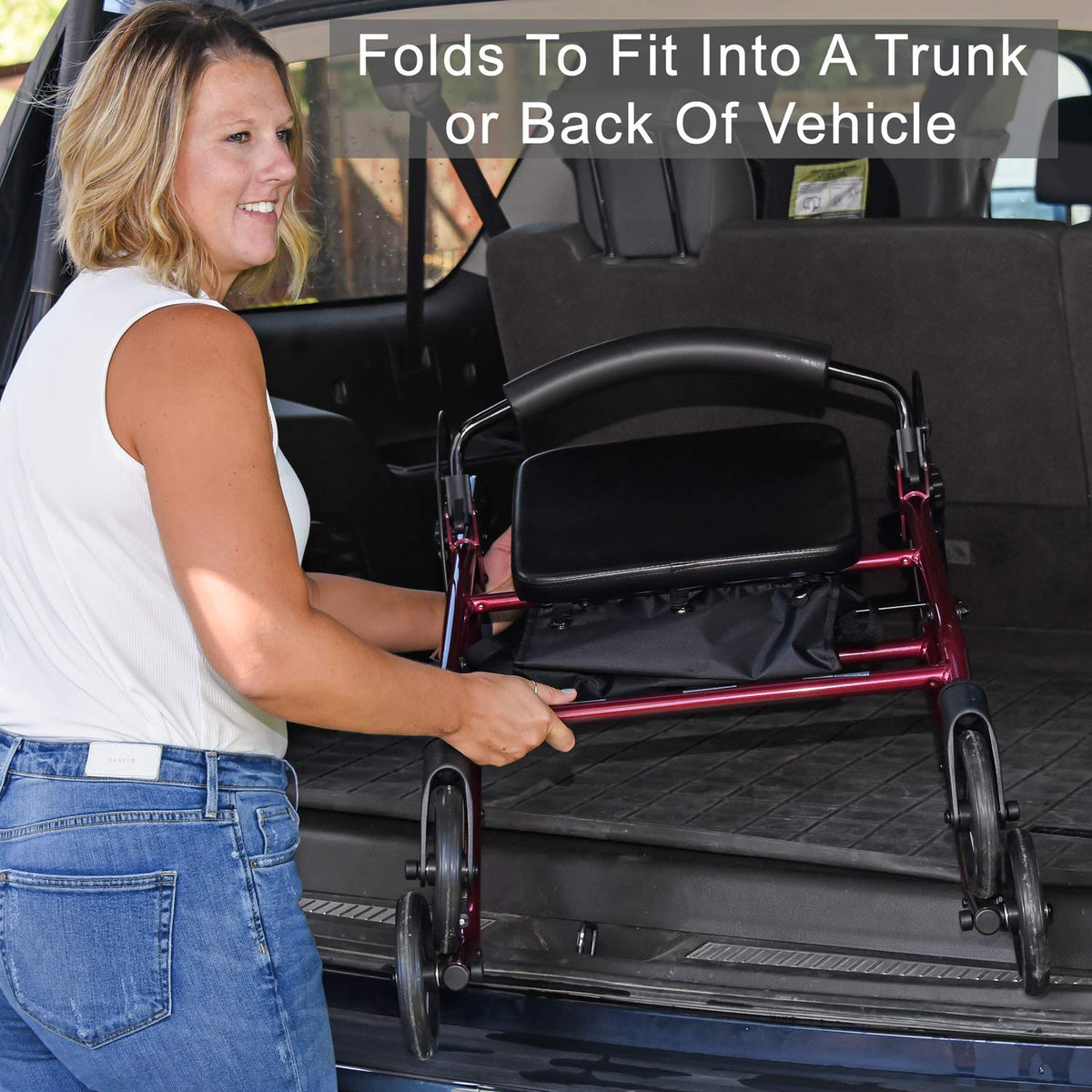 Aluminum Rollator Walker with Seat, 6-inch Wheels, Foldable, Burgundy E1909