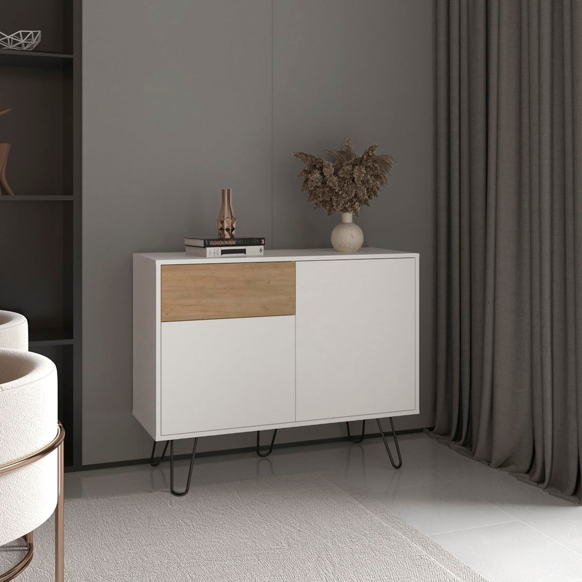 White Console Table with Two Cabinets, One Drawer and Four Shelves G739760