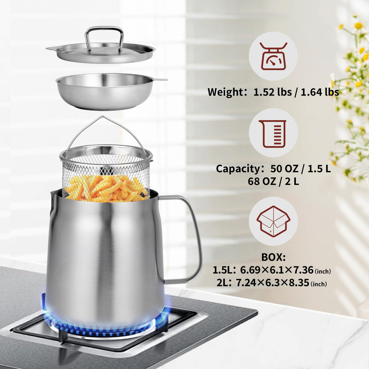 68oz 304 Stainless Steel Deep Fryer Pot with Basket X997897