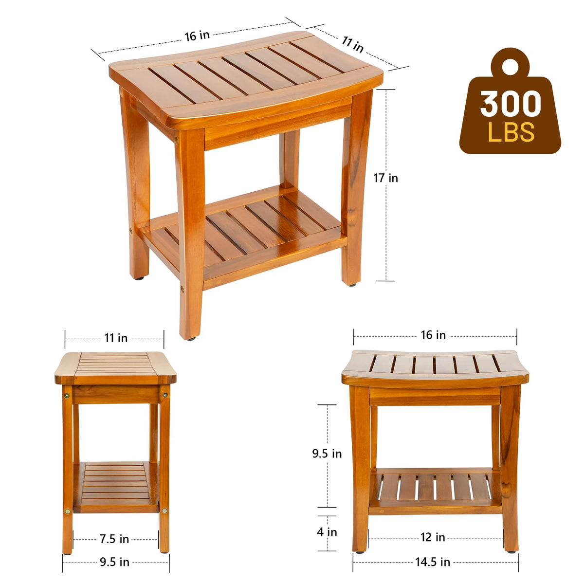 16" Teak Shower Bench with Shelf L4804
