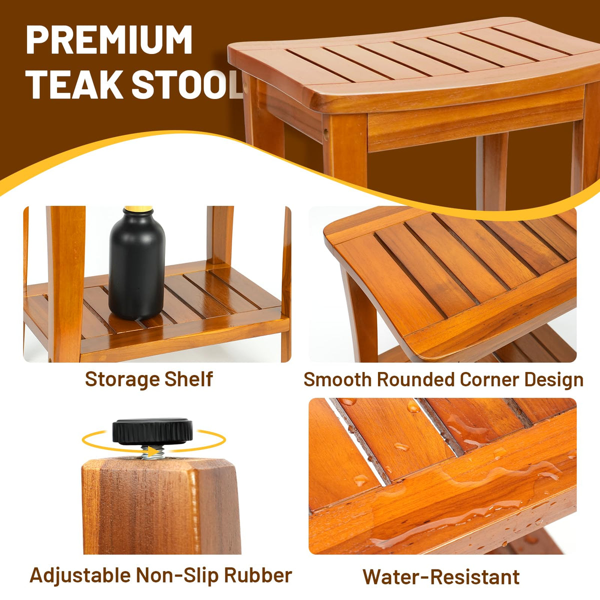16" Teak Shower Bench with Shelf L4804
