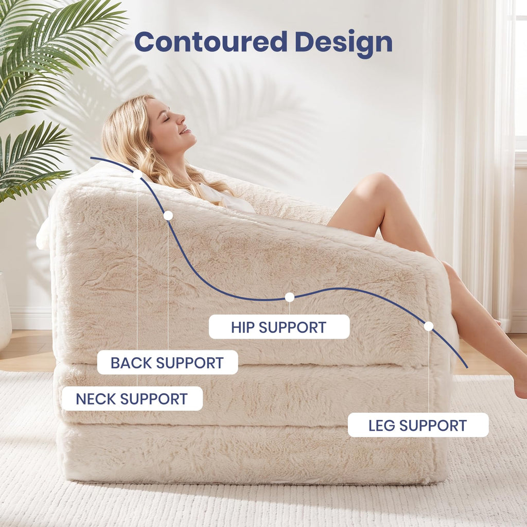 Convertible Folding Sofa Bed, 2 in 1 Portable Floor Couch & Foam Mattress with Handle, Space-Saving Faux Fur Futon Chair for Living Room, Bedroom, Guest Room (Loveseat, Beige) P217